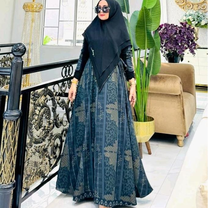 Gamis SyarI Set Syari Gamis Motif Syari Mewah Dress Motif Bunga Strip Hitam Serut Muslim Ceruty Pad 