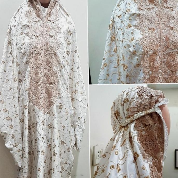 Miliki Mukenah Terusan Lajuran Sutra Prada Putih Bordir Dewasa Jumbo Renda