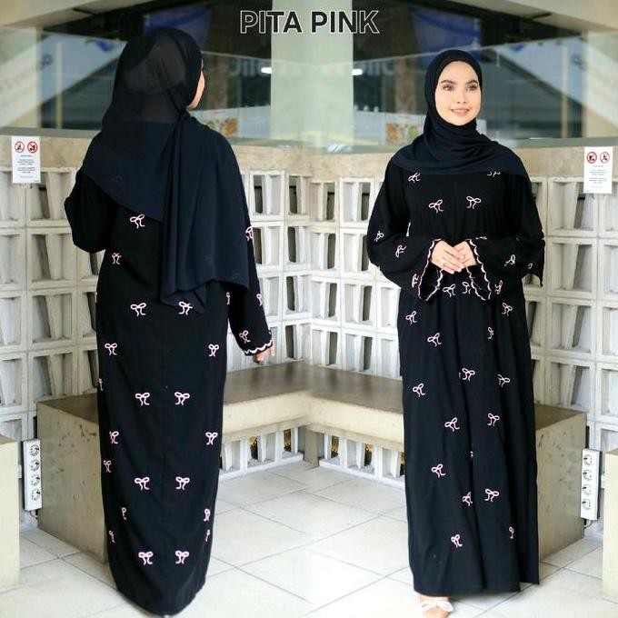 [ Bordir Pita Pink ] Abaya Gamis Jetblack Ribbon Coquette Hitam Black Maxi Dress Muslimah Wanita Sya