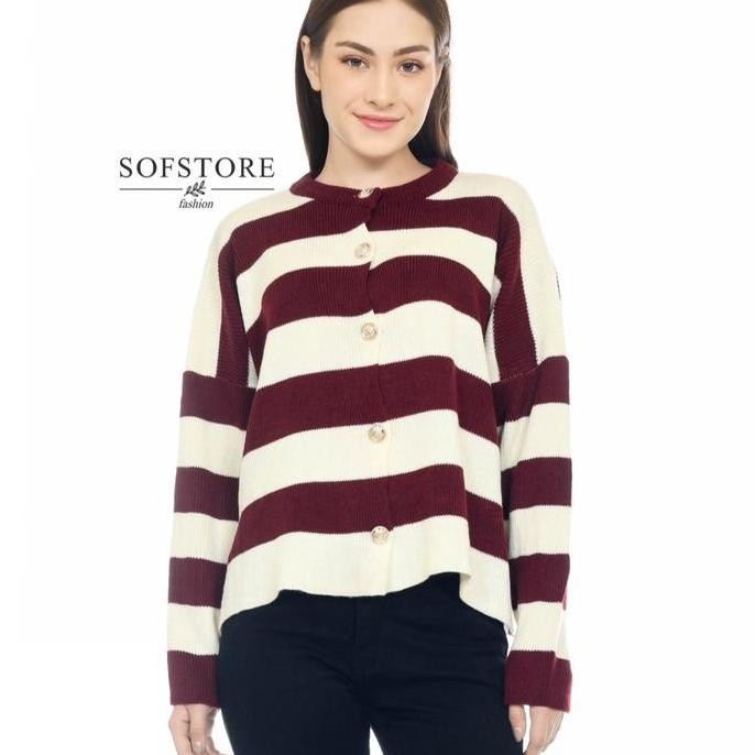 Aline Stripe Cardigan Knitwear Oversize Bahan Rajut Premium Tebal Atasan Wanita Original Dan Terperc