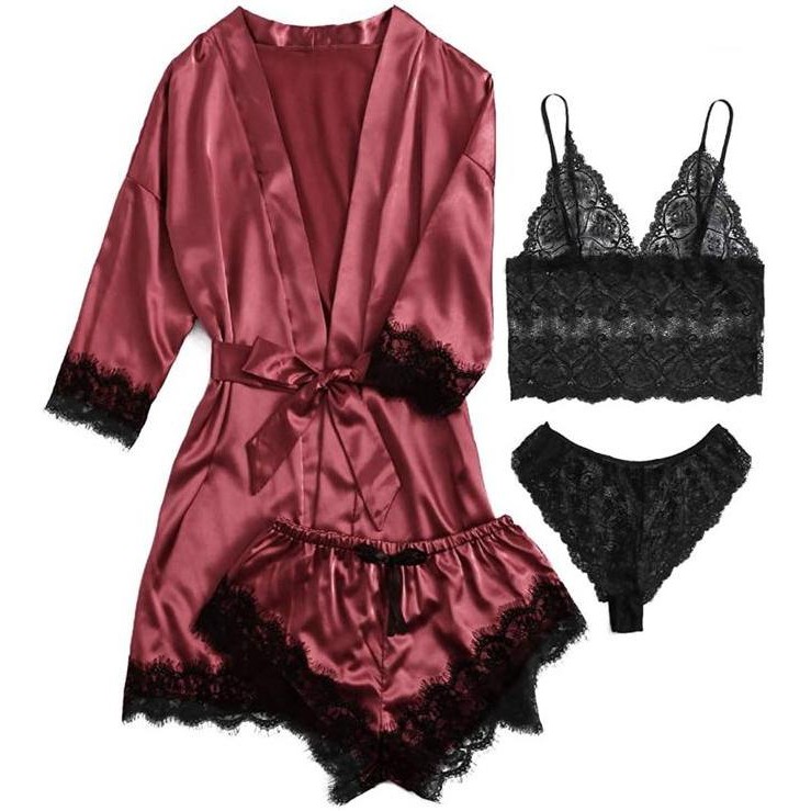 

Lingerie Kimono Silk Set Piyama Celana Satin Baju Tidur Wanita Premium Gaun Malam Cantik Lembut 884 Original