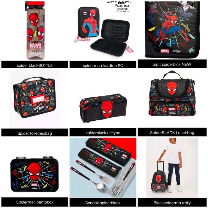 Smiggle Spiderman Backpack, Lunch bag, Botol, Pencil case, stationery