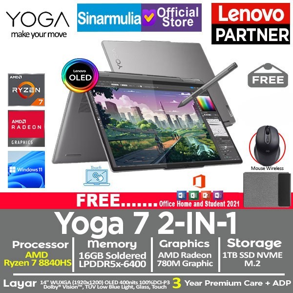 Lenovo Yoga 7 2In1 Ryzen 7 8840Hs 1Tb Ssd 16Gb Oled Touch Win11+Ohs