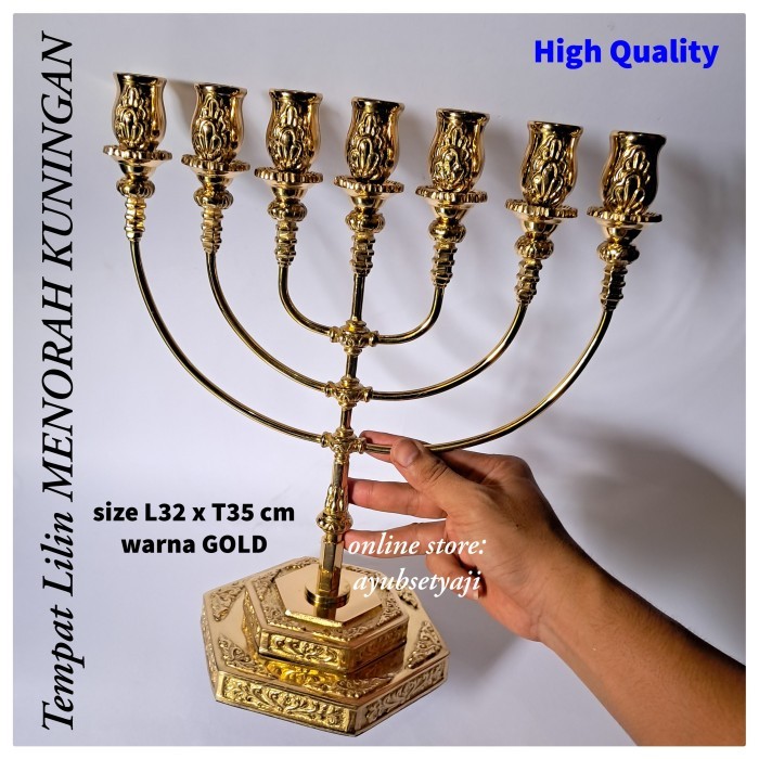 My Menorah Tempat Lilin Kuningan Cabang 7 Sejajar Size 02 Besar Kaki Dian Altar Brass Antik