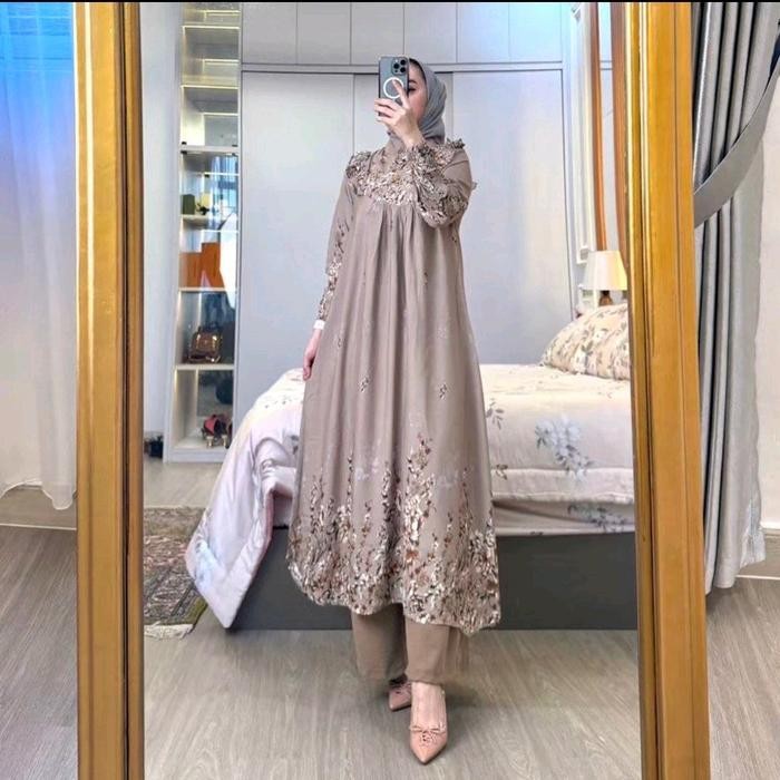 Terbaru Setelan Long Tunik Wanita Kekinian Terbaru Satu Set Baju Dan Celana Bahan Rayon Dimaond Dan