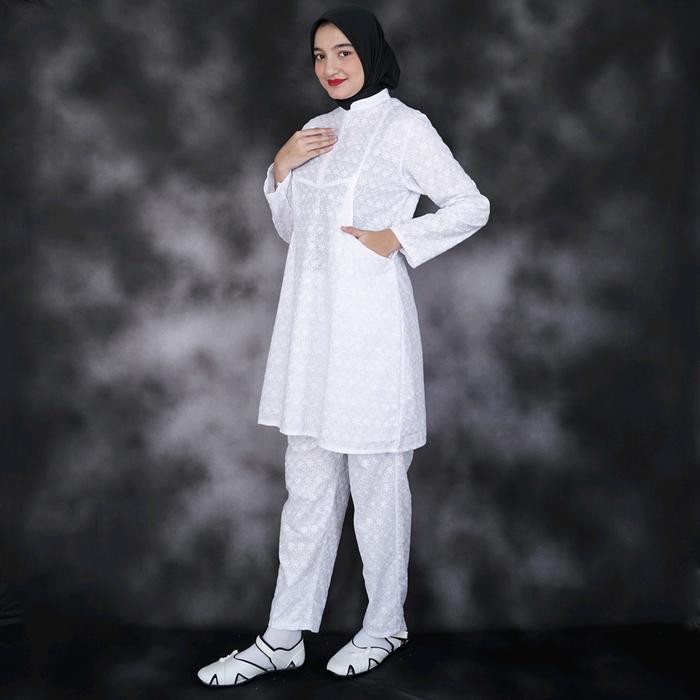 Terbaru Baju Umroh Wanita Baju Ihram Wanita Setelan Tunik Putih Atasan Celana Katun Bordir Muslim