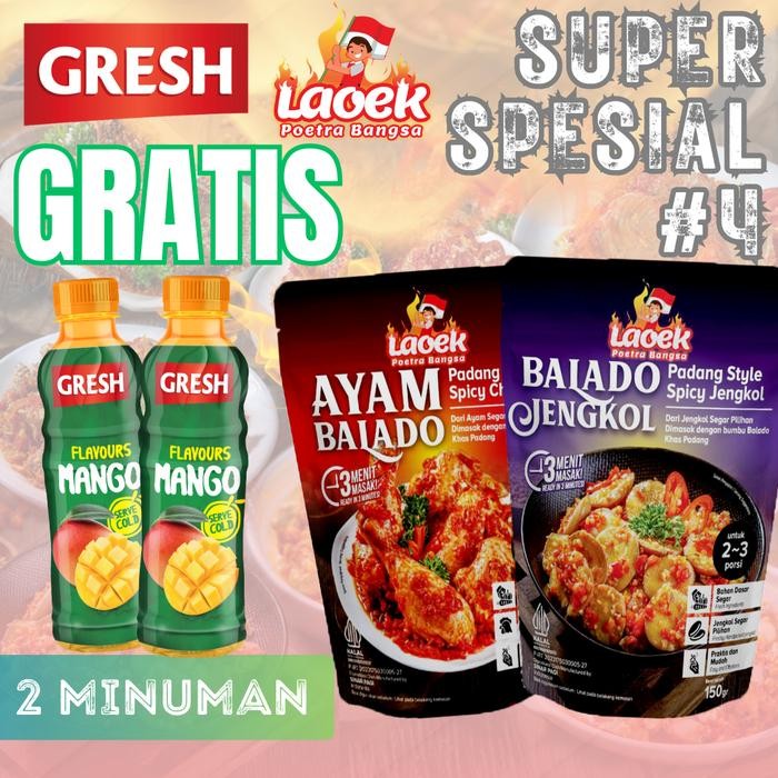 

Super Spesial 4 (Dapat 2 Lauk Ayam Balado & Balado Jengkol + 2 Gresh Rasa Mangga) Makanan Siap Saji,