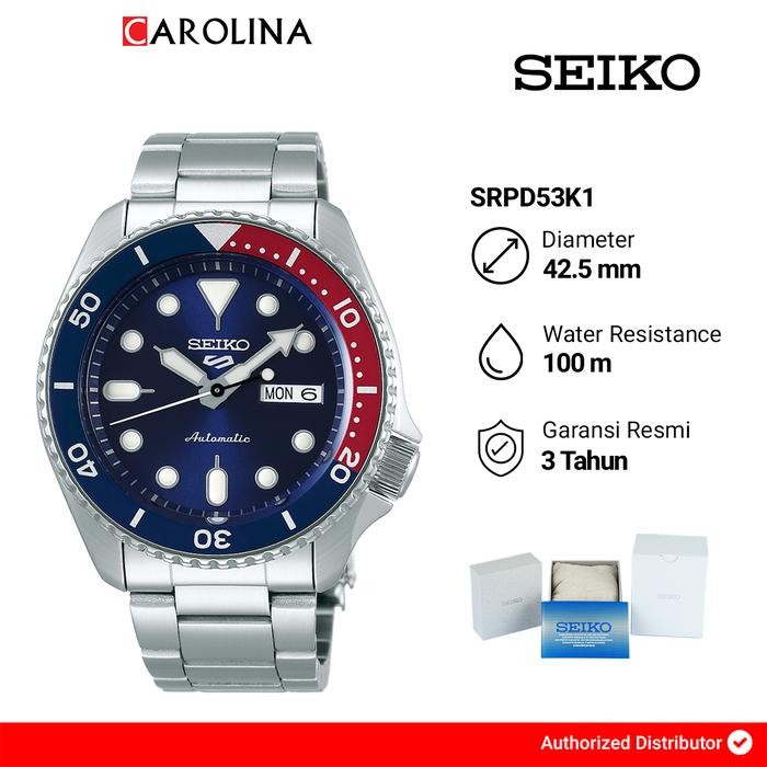 Jam Tangan Pria Seiko 5 Sports SRPD53K1 Automatic Blue Dial "Pepsi" Bezel Stainless Steel Strap