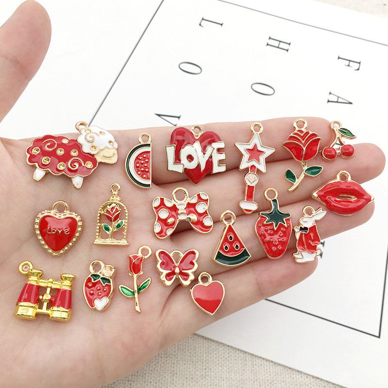 RED Enamel Charm Liontin Keychain Kalung Gelang DIY Lucu Kupu Hati Couple