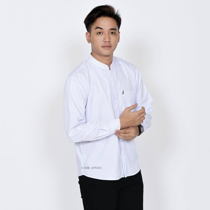 Elrumi Baju Kemeja Koko Pria Lengan Panjang Warna Hijau Olive Bahan Katun Toyobo Motif Marvel -