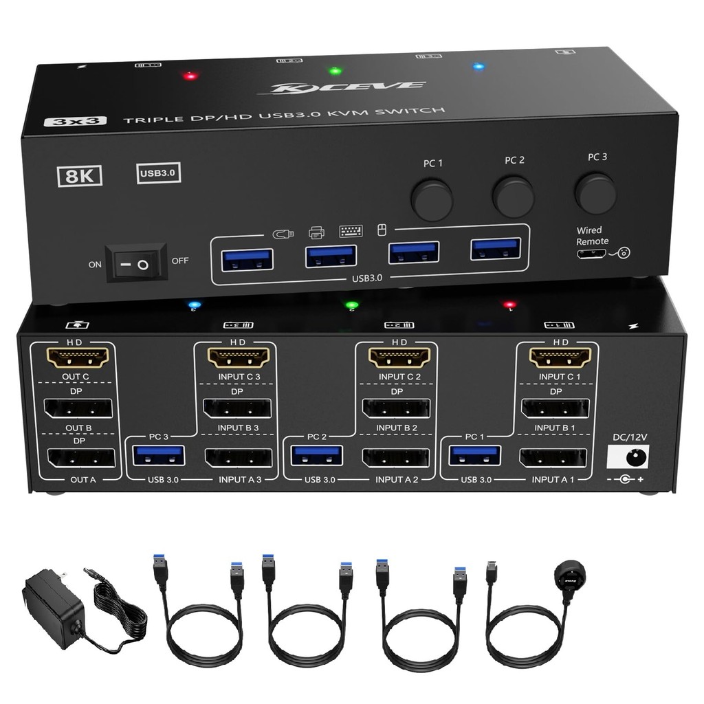 CMTOFIC KVM Switch 3 Monitors 3 Computers, Displayport KVM Swtiches 8K@60H 4K@144H, HDMI+2 Displaypo