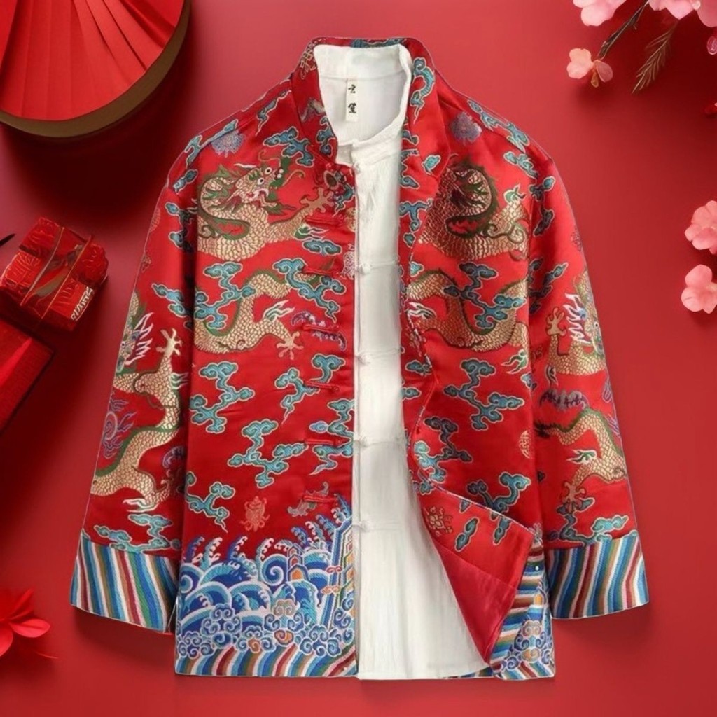 Jaket Pria Gaya Cina Baru dengan Kancing dan Cetakan Naga