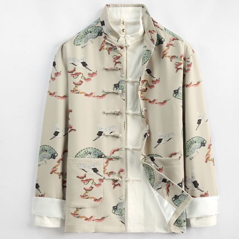 Jaket Pria Gaya Cina dengan Cetakan Kran Kancing