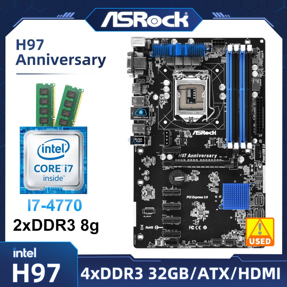 AQS LGA 1150 Motherboard set ASRock H97 ANNIVERSARY Motherboard kit with i7-4770 cpu +DDR3 8g*2 ram 