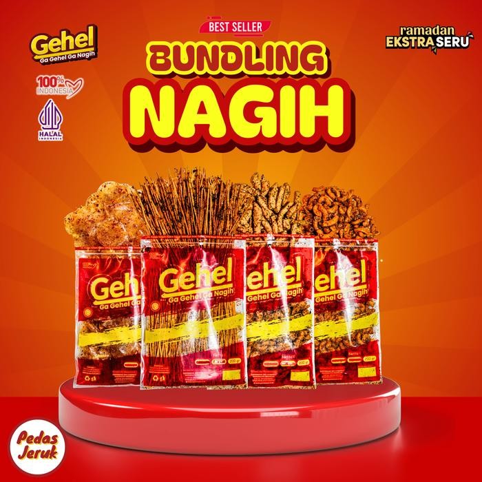 

STOK TERBATAS GEHEL PAKET BUNDLING NAGIH - Cemilan Mie Lidi, Kripca, Basreng, Makaroni Rasa Pedas