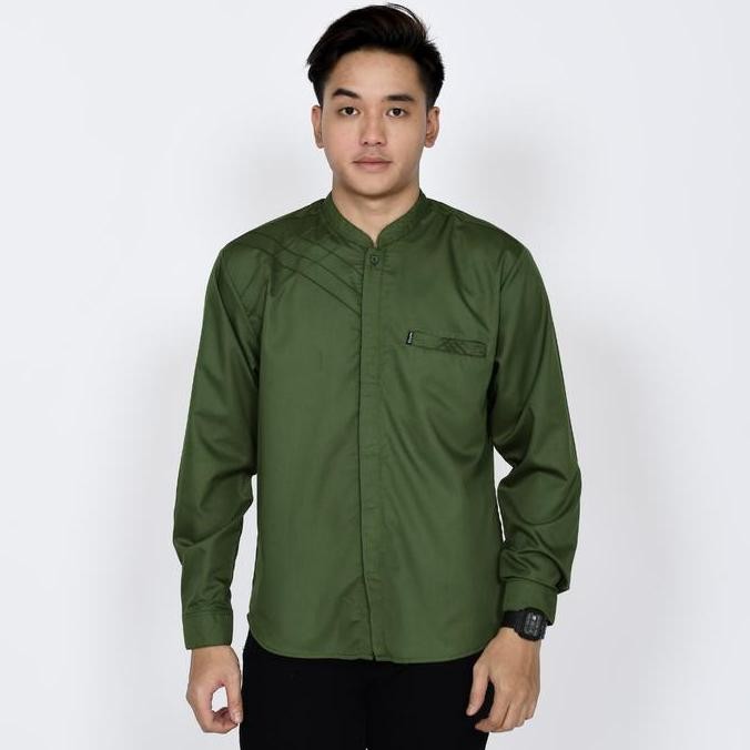 Terlaris Elrumi Baju Kemeja Koko Pria Lengan Panjang Warna Hijau Olive Bahan Katun Toyobo Motif Marv