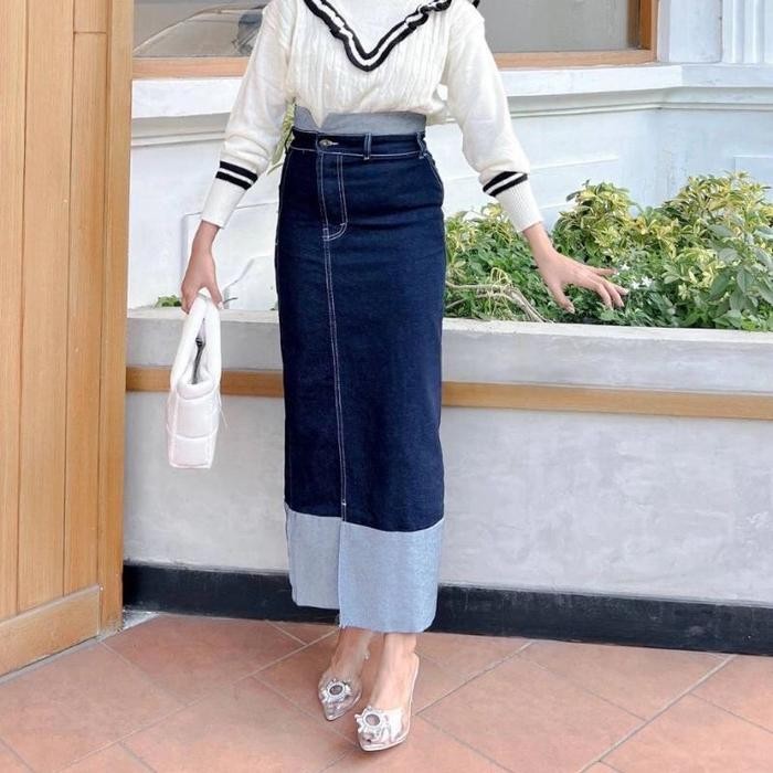 Rok Jeans Highwaist Wanita Twotone Denim Span Kekinian Slit Panjang Rok Sobek Samping Asli 100%