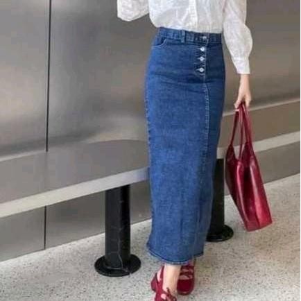 Rok Jeans Skirt Kancing Belahan Samping Panjang Casual Wanita Dewasa Standar Karet Rok Sobek Samping