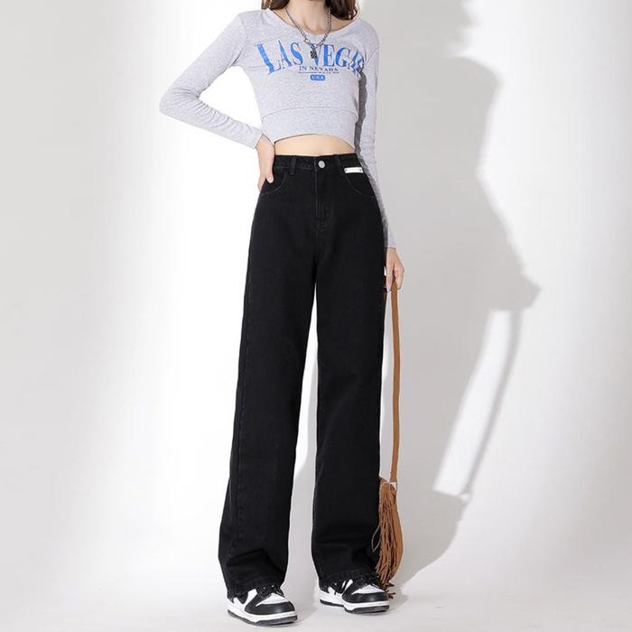 Celana Jeans Panjang Wanita Kulot High Waist Premium Korean Style Hitam Fit Kaki Nyaman Slim Denim