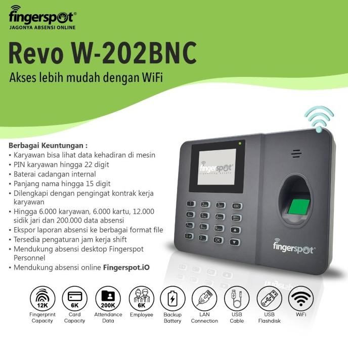 TERBARU - Mesin absensi fingerspot Revo W-202BnC (wifi+ battery)