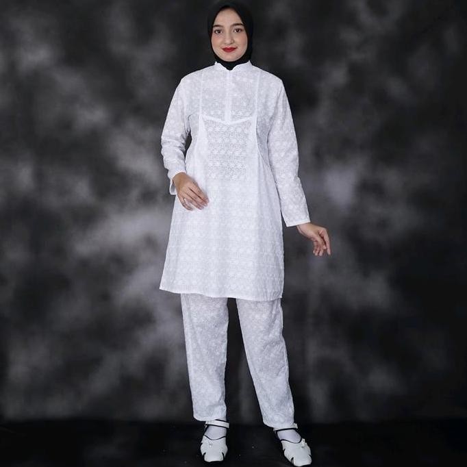 Baju Umroh Wanita Baju Ihram Wanita Setelan Tunik Putih    Atasan Celana Katun Bordir Muslim Panjang