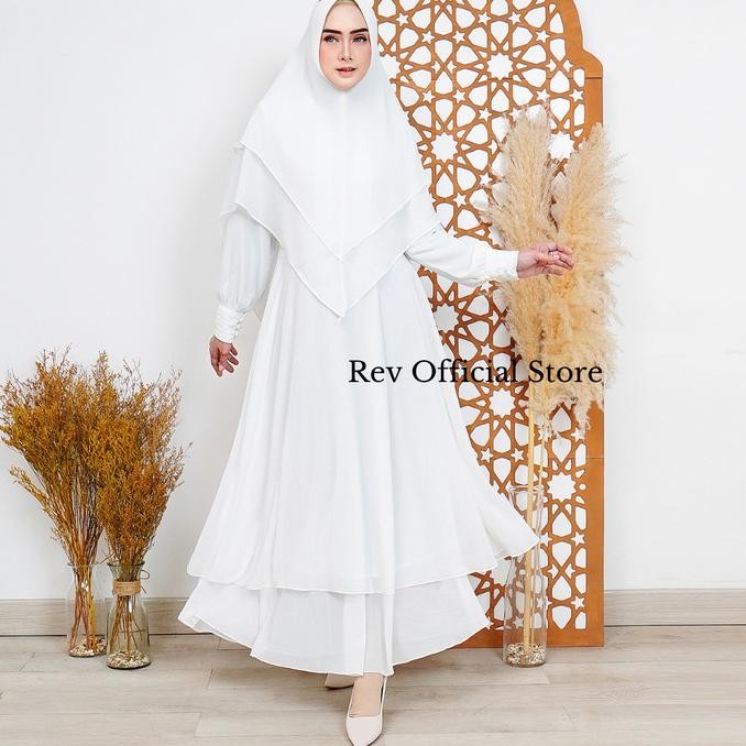 Gamis Rev Set Khimar Wanita Syar'I Busana Haji Dan Umroh Putih Ceruty