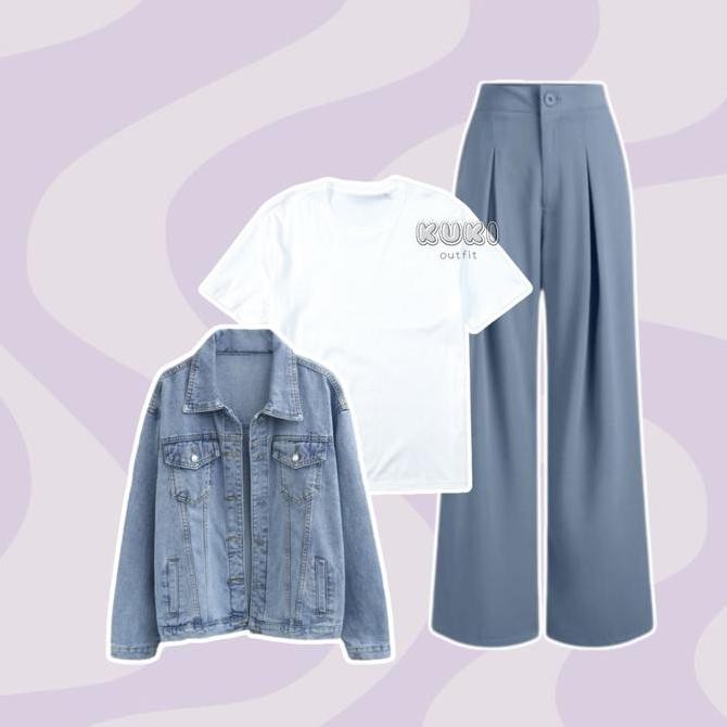 One Set Wanita Korean Style (Jeans T-Shirt Celana Knit) Kaos Putih Outfit Kekinian Hijab Ootd - Kk63