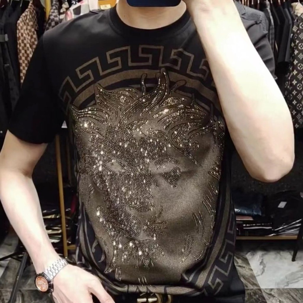 Leher Bulat Pria Modis Berlian Imitasi Seksi Baru T Baju Kaos