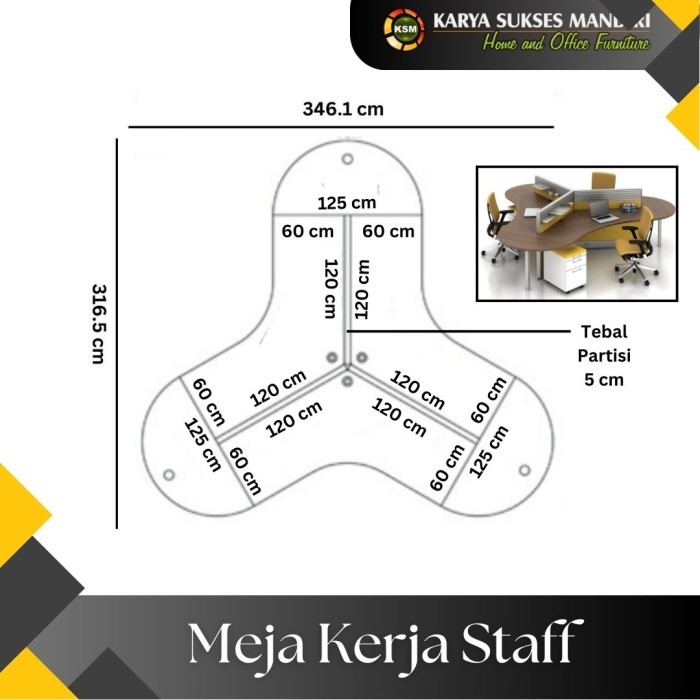 MEJA KANTOR CUBICLE PARTISI WORKSTATION 3 ORANG