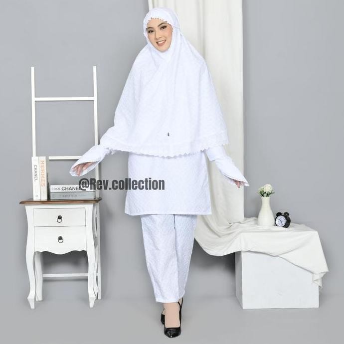 Baju Umroh Putih Full Bordir Atasan dan Bawahan Lengkap Dengan Bergo Sarung Tangan Perlengkapan Haji