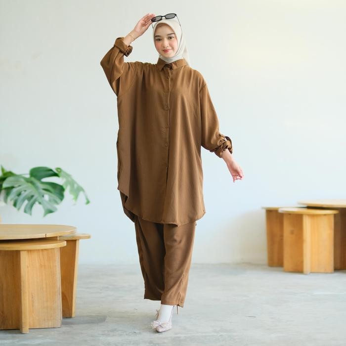 Setelan Jumbo Ld 140 160 Crinkle Airflow Premium Melar Muslim Baju Celana Atasan Wanita Panjang