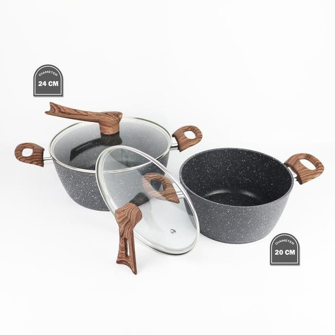 Panci Teflon Granit Set 3pcs Tutup Kaca Tebal Anti Lengket Peralatan Masak Peralatan Dapur Cocok Unt