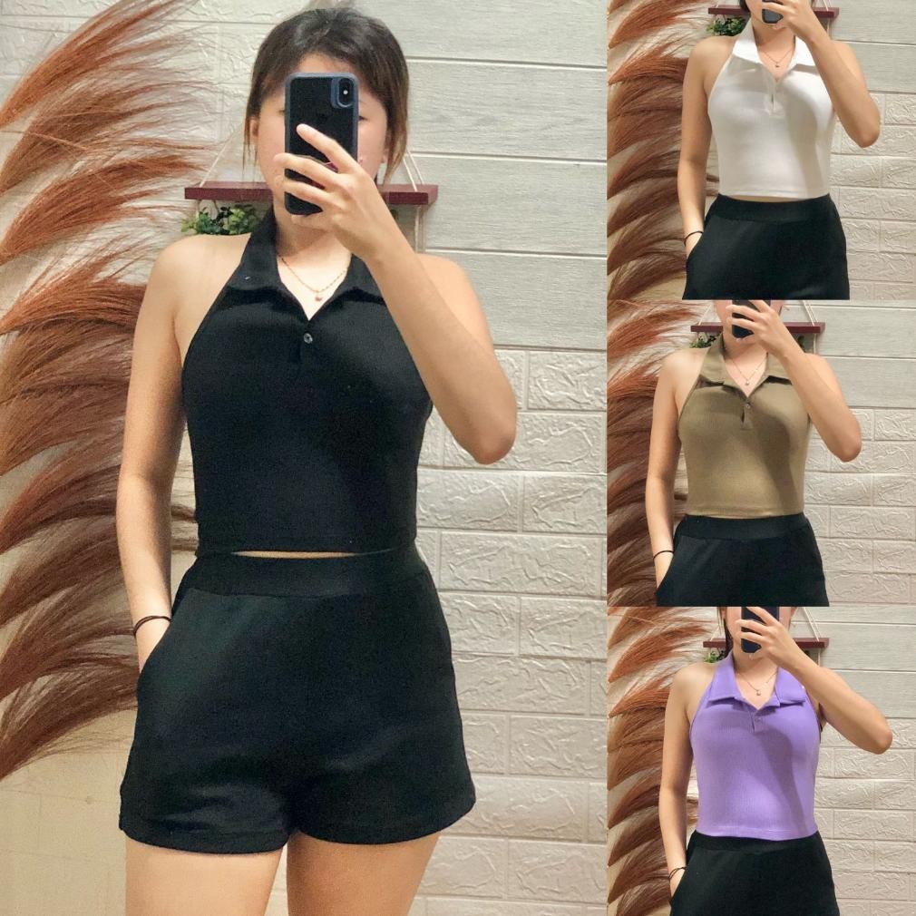 Korean Knit Tank Top Crop Top Kerah Kancing Tengtop Rajut Korea Polo Shirt B1630