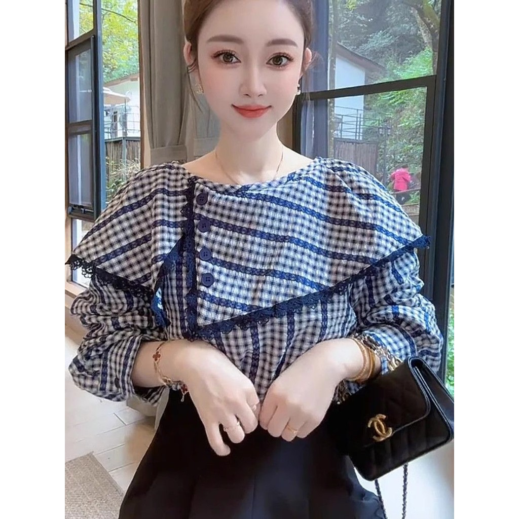 Kemeja Plaid Lengan Panjang Kerah Ruffle Patchwork Renda untuk Wanita