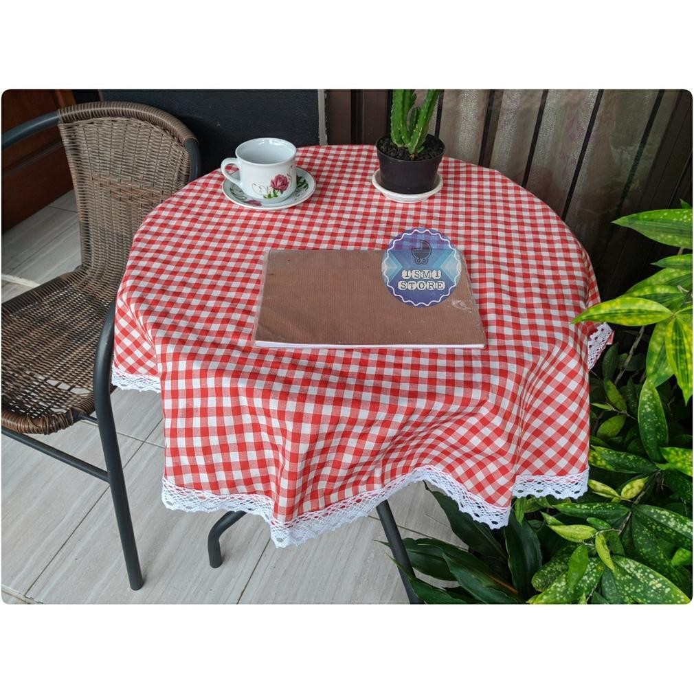 gf-5 Taplak MEJA BULAT Keliling RENDA Rajut Motif Kain Kotak-Kotak Gingham Estetik Kekinian Ala Kore