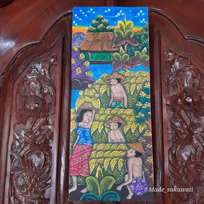 $+$+$+$+] Lukisan Kanvas Panen padi tradisional bali 50cm x 20cm