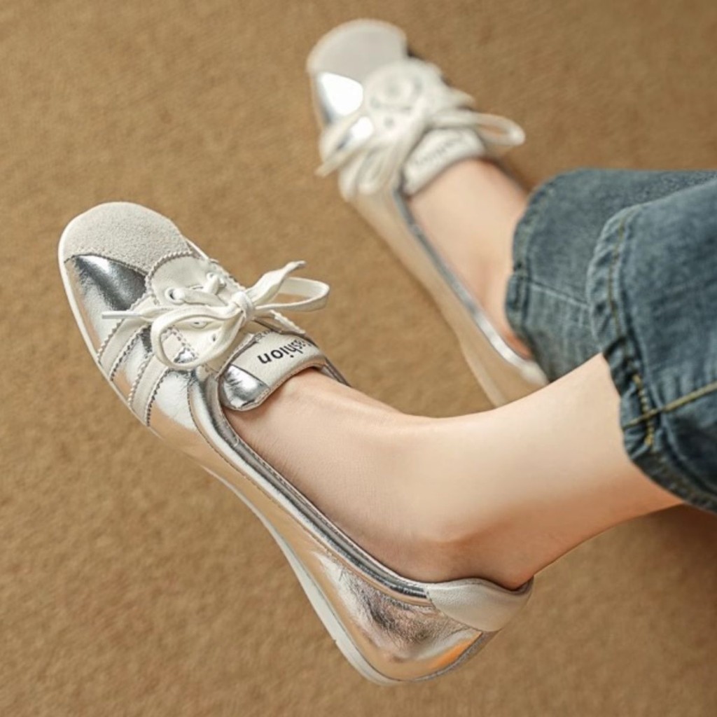 Spring New Women's Soft Sole Casual Flat Slip-On Silver Shoes