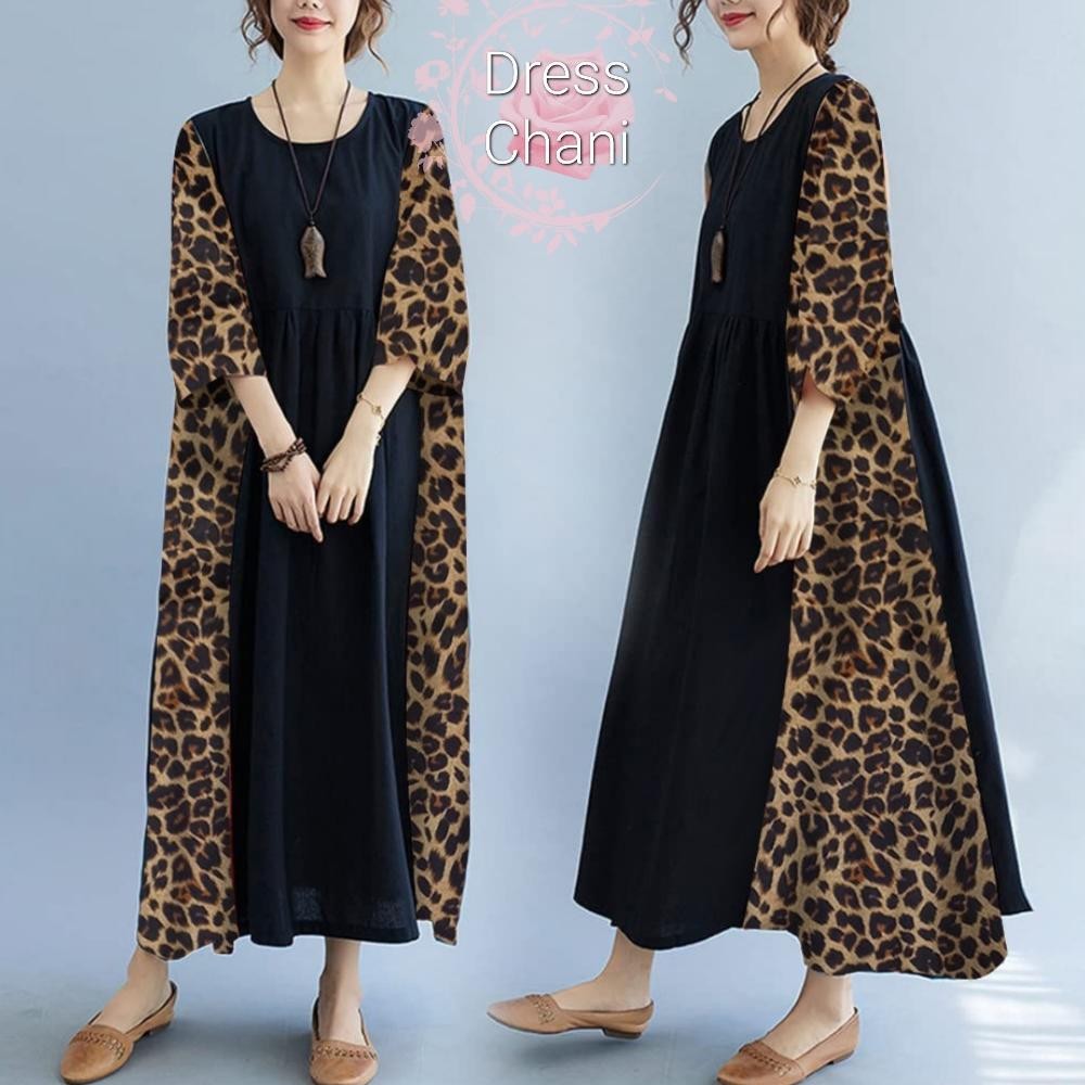 Midi Dress Chani Size L Dan 3Xl Jumbo Crinkle/Katun Rayon Motif Macan/Leopard