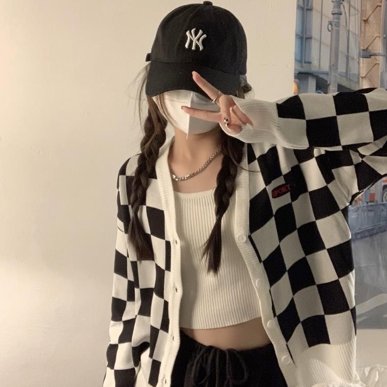 Cardigan Kotak-Kotak Kardigan Rajut Lengan Panjang Coat Wanita