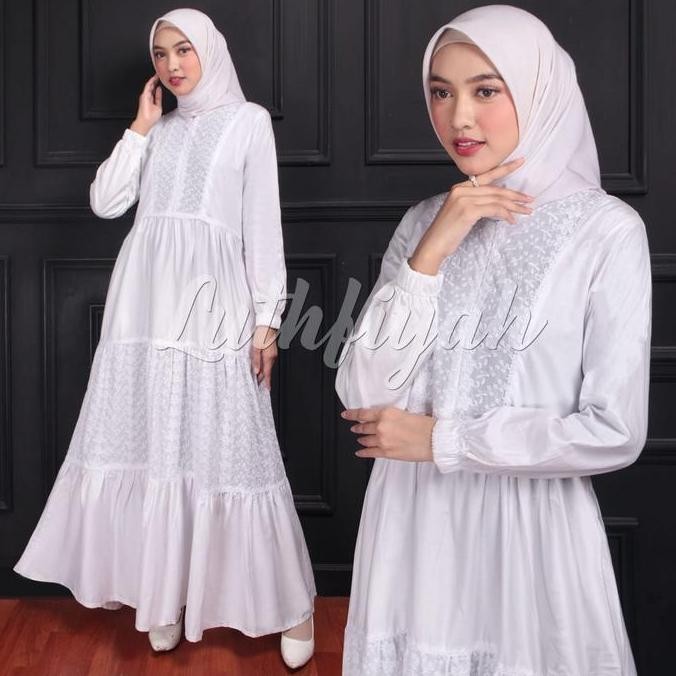 Gamis Katun Putih / Gamis Katun Motif Timbul Katun Polos Putih Cantik Jepang Rempel  Kombinasi Karet