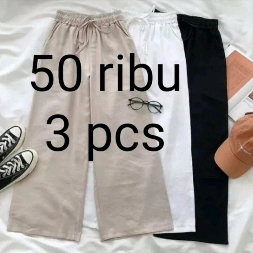 VE29 Promo 50 Ribu Dapat 3 Pcs. Celana Kulot Polos Wanita / Kulot Linen Bahan Hyget Viral