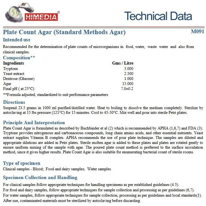 

PLATE COUNT AGAR (STANDARD METHODS AGAR) 100G