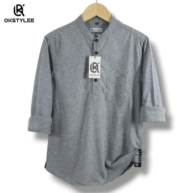 Kemeja Kemko Pria Basic Polos Lengan Panjang Linen Premium Kerah Koko Muslim Kurta Baju Dewasa Lenga