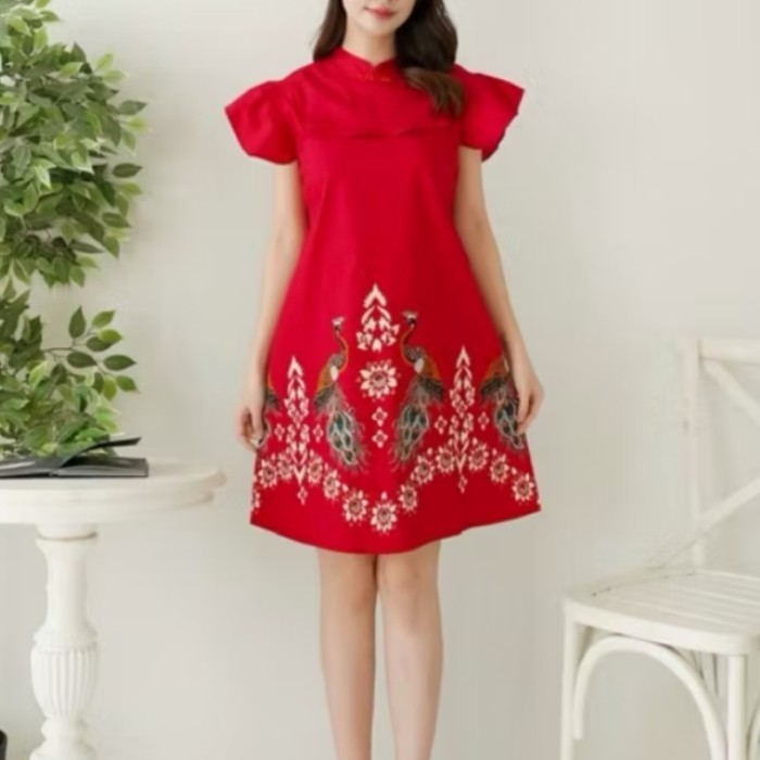 Bm - Dress Cheongsam Wanita Red Peacock Cny Baju Imlek Ccm
