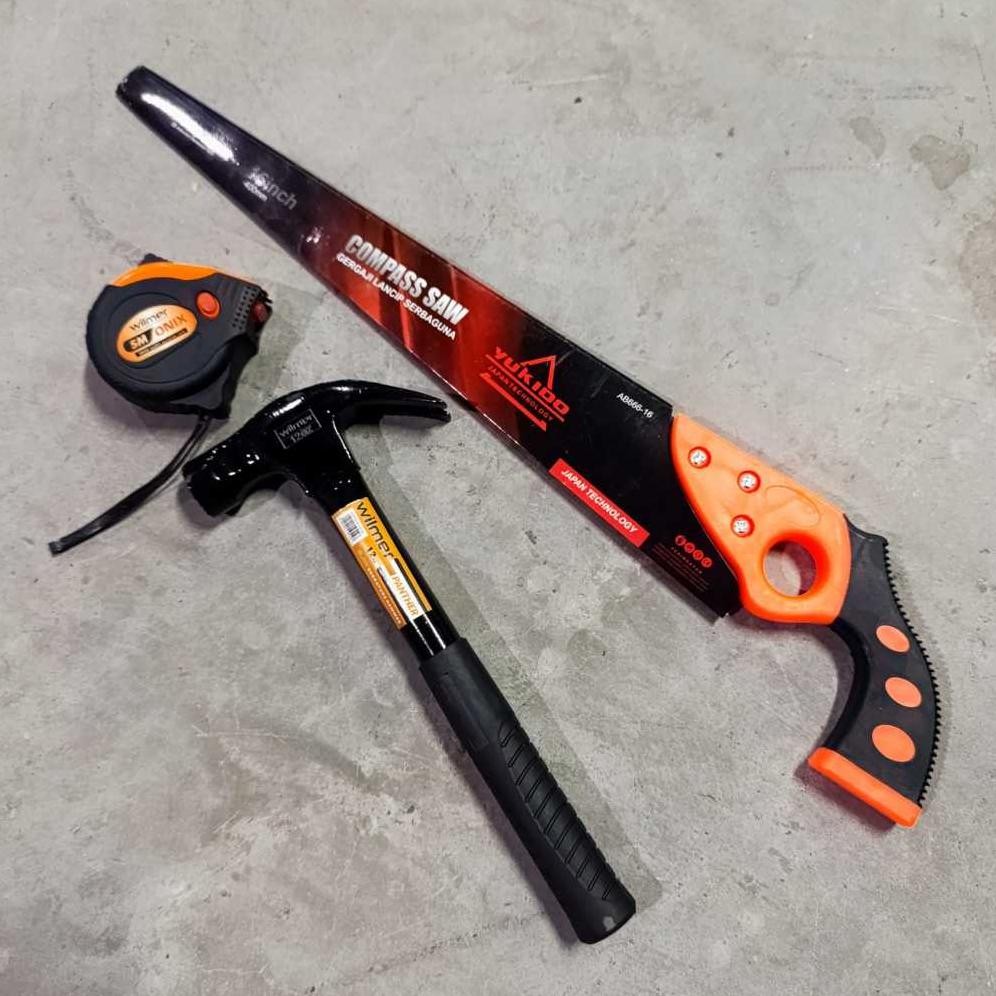 KLJ PAKET TUKANG MURAH - Gergaji Kayu Baja Asli Siap pakai- Palu kambing Gagang Besi , Meteran Viper