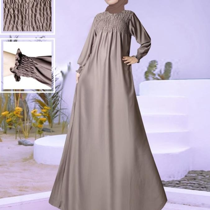 Gamis Wanita Model Smoc Warna Coklat Susu Original
