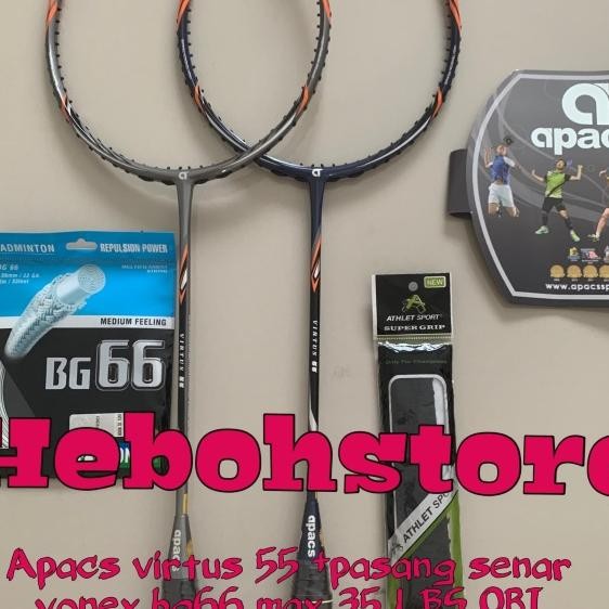 Promo Raket badminton APACS VIRTUS 55 +senar yonex bg66+Grip Max 35lbs Terlaris