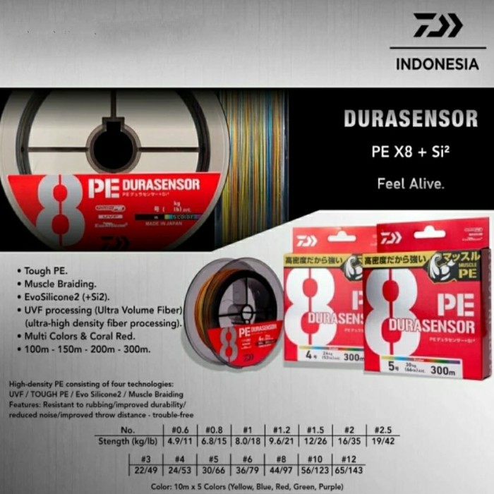 SENAR PE DAIWA DURASENSOR X8 300M/MULTICOLOUR - ORIGINAL