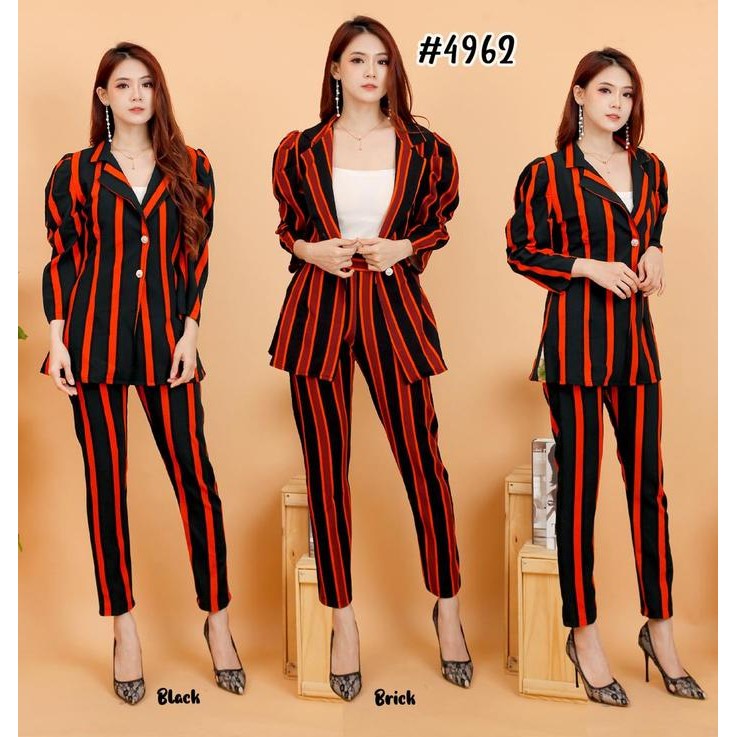 #4962, Stelan Blazer Salur Bahan Crepe Motif Wanita Baju Celana Atasan