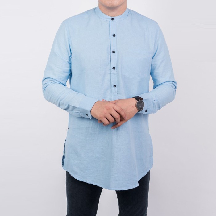 Baju Koko Kemeja Pria Kurta Pakistan Baju Muslim Biru Muda Oxford